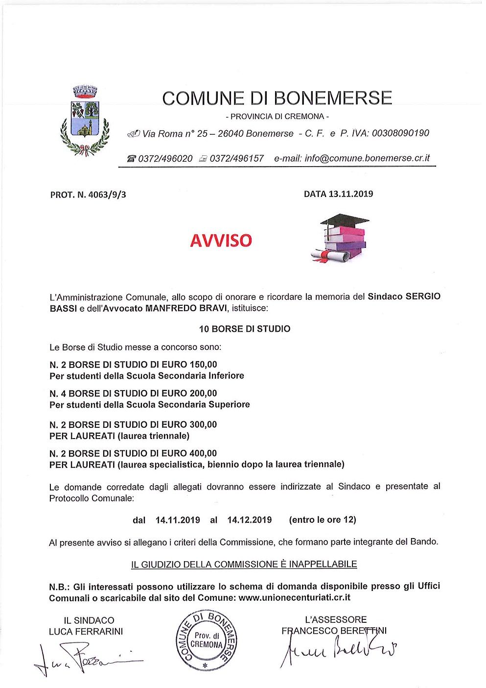 Avviso Borse di studio Avviso Borse di studio