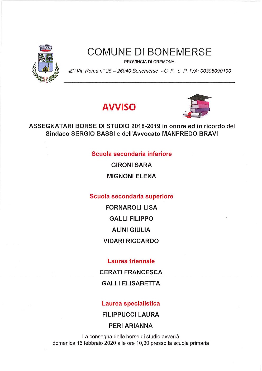 Assegnatari borse di studio Bassi Bravi