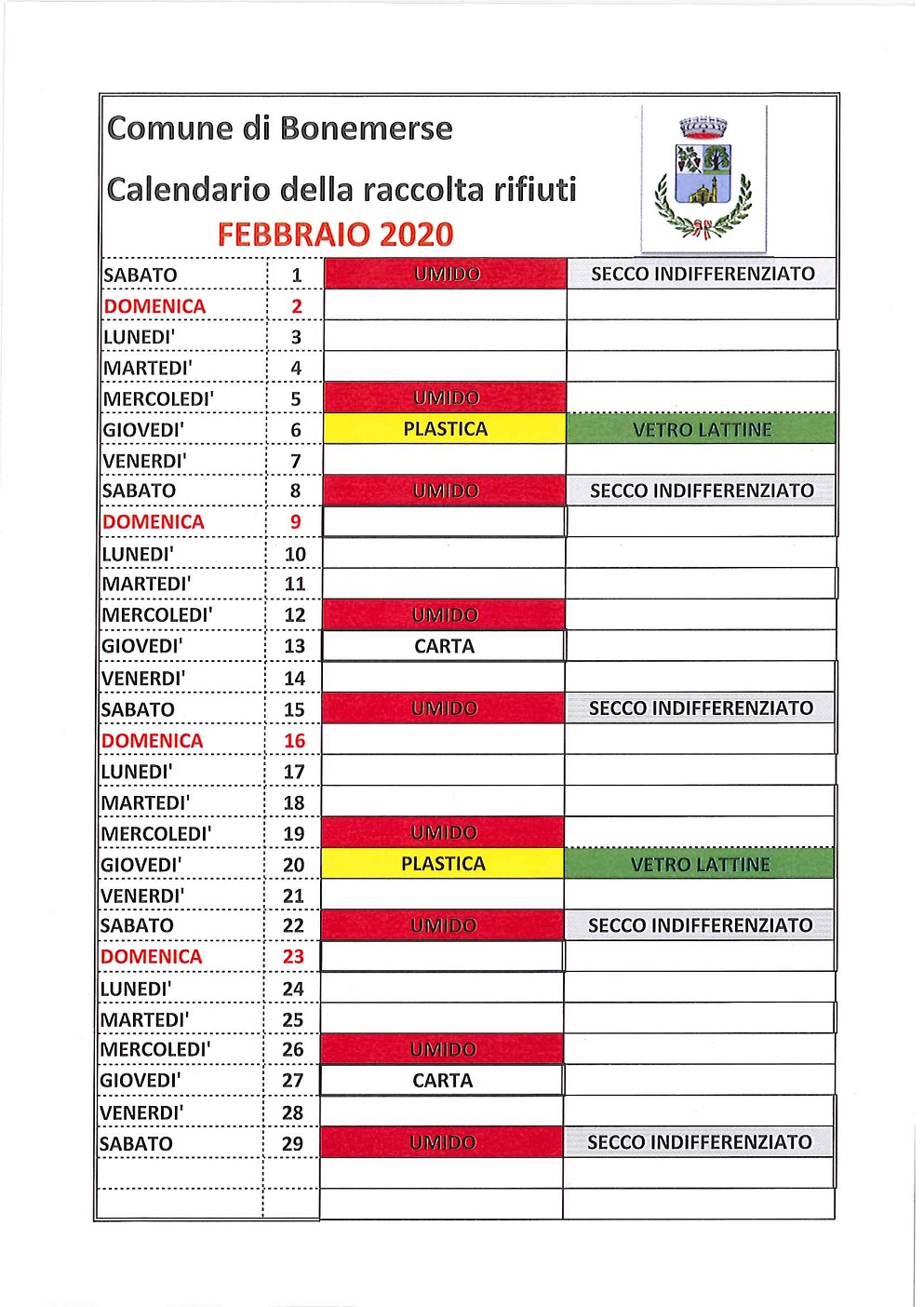 Calendario Rifiuti febbraio 2020 Calendario Rifiuti febbraio 2020