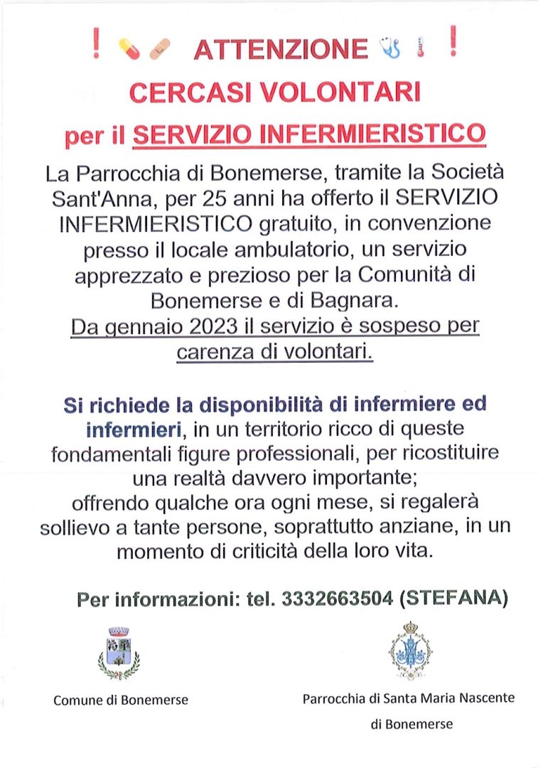 CERCASI VOLONTARI SERVIZIO INFERMIERISTICO