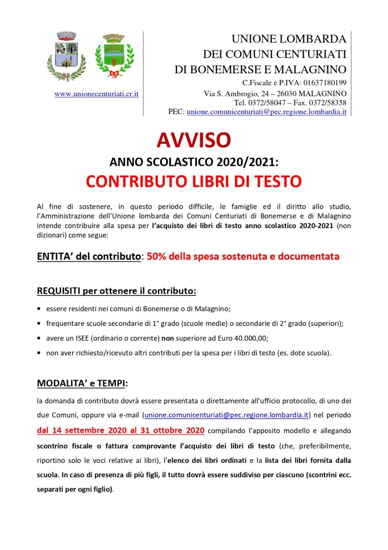 CONTRIBUTO LIBRI DI TESTO A.S. 202021 UNIONE LOMBARDA DEI COMUNI CENTURIATI DI BONEMERSE E