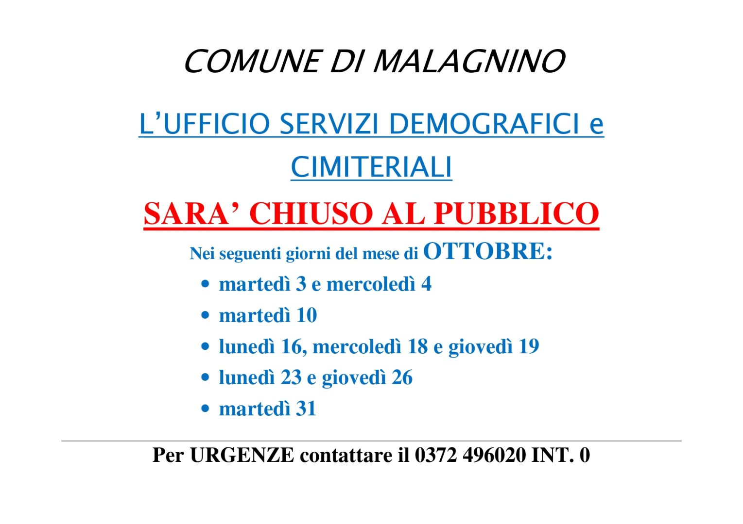 Ufficio DEMOGRAFICI chiusura OTTOBRE
